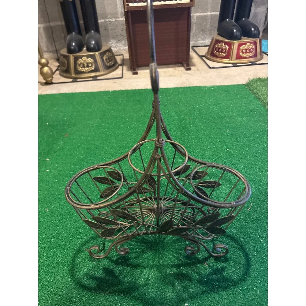 Vintage Bronze Metal Leaf Wire Wine Bottle and Glass Holder Caddy accommodates 3